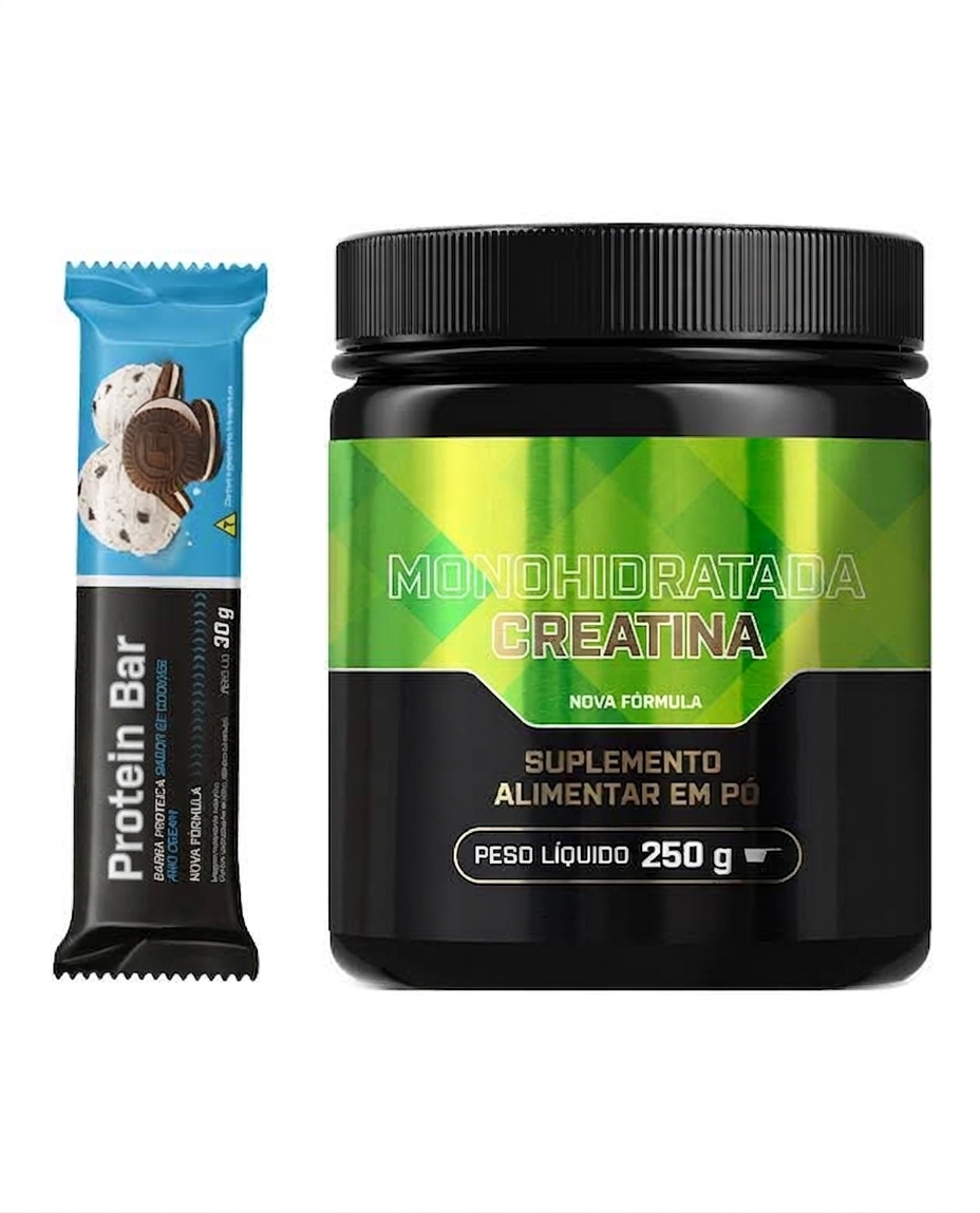 Kit Creatina Monohidratada 250g + Barra de Proteína 30g Display 12 UN