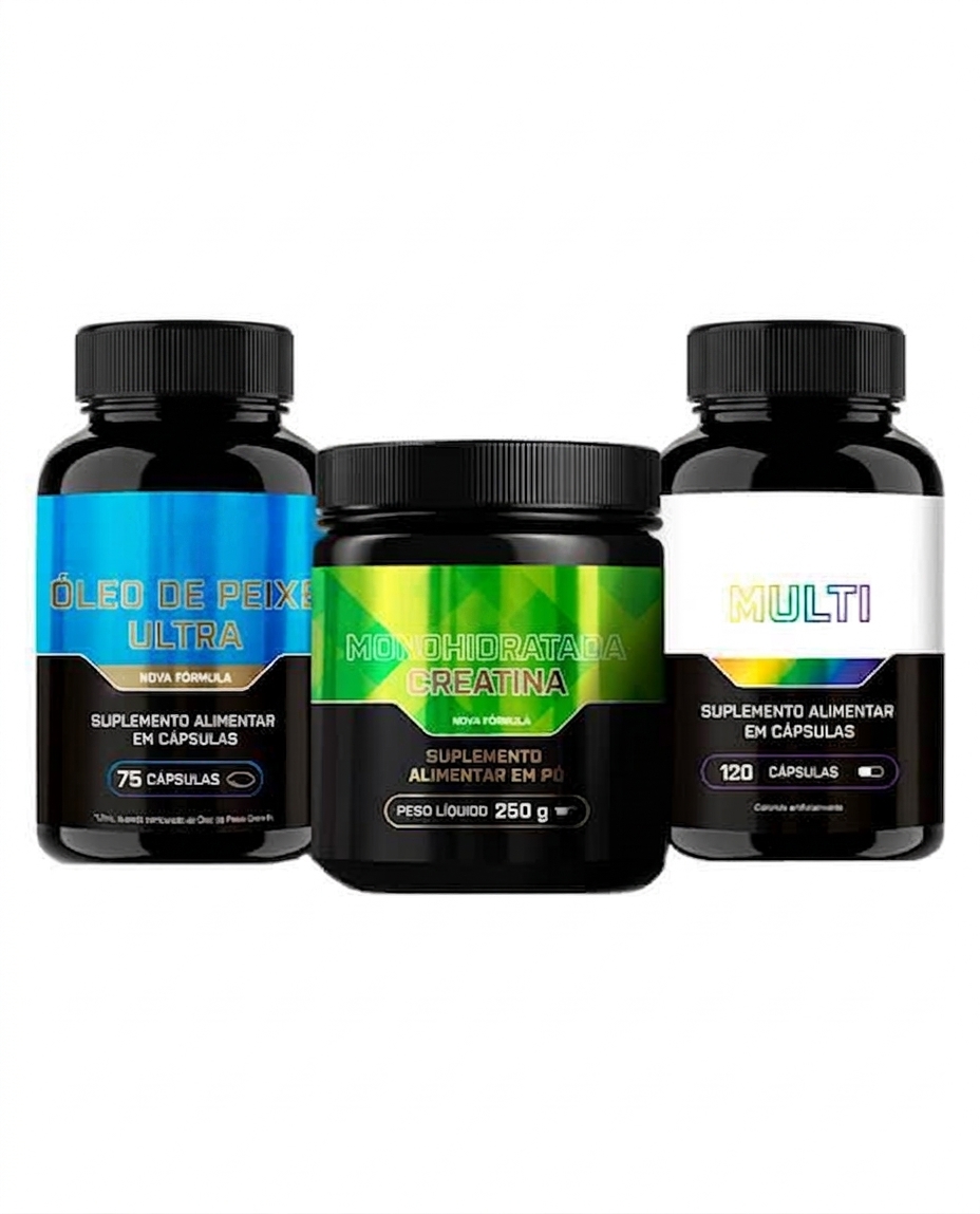 Kit Creatina Monohidratada 250g + Multivitamínico 120 caps + Óleo de Peixe Ultra 75 caps
