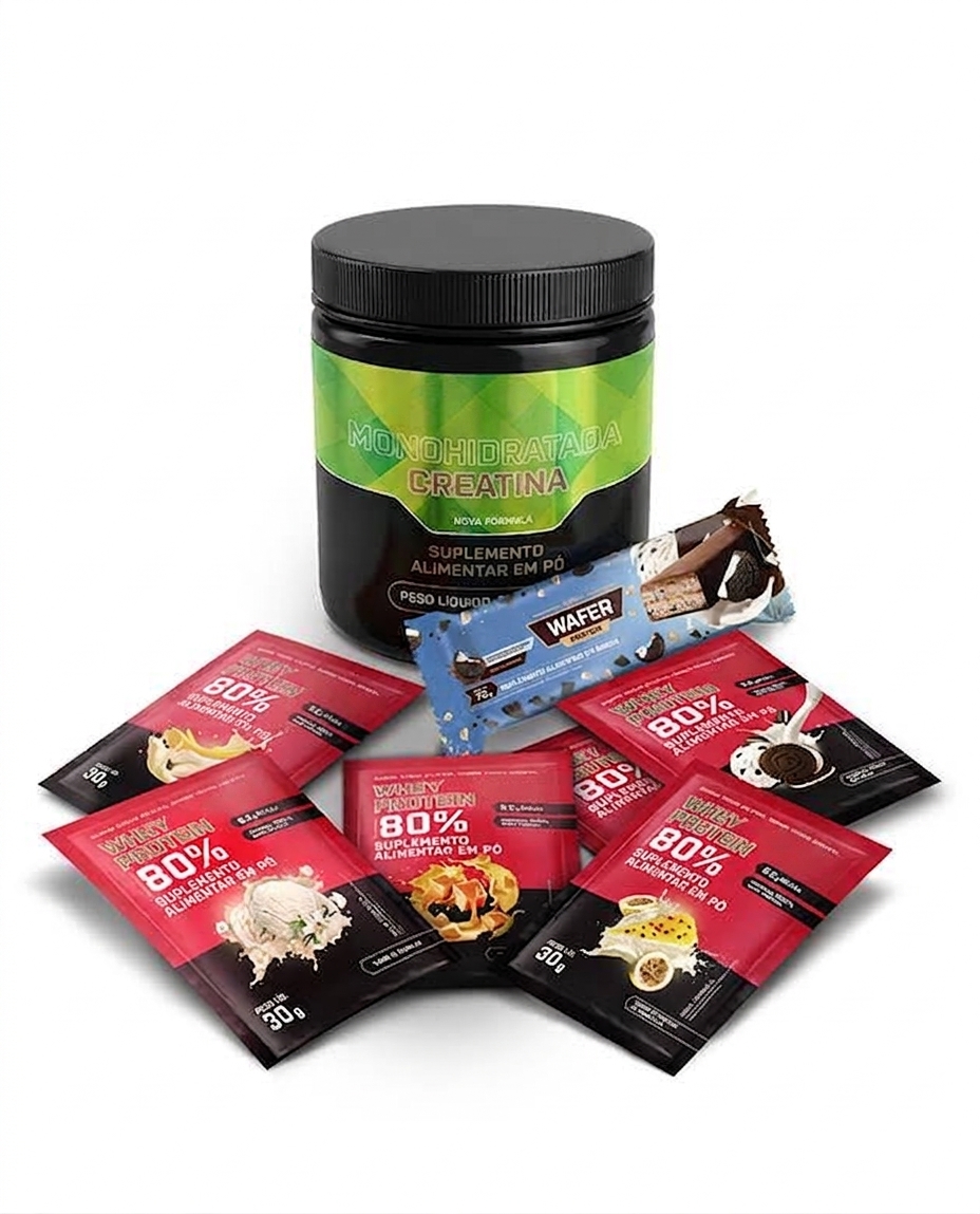 Kit Sabores - Barra Wafer + Creatina 250g + dose 30g Whey 80% (6 sabores)
