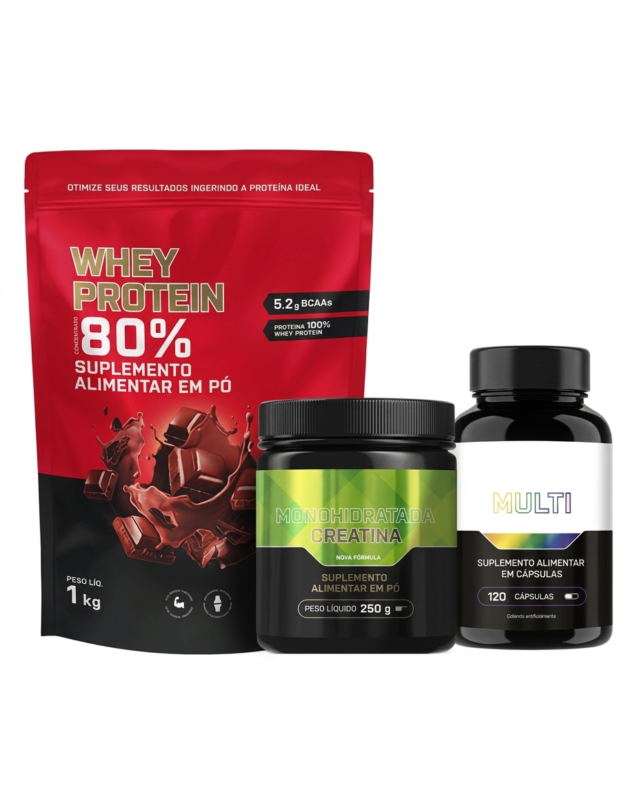 Kit Whey Protein Concentrado 1kg + Creatina Monohidratada 250g + Multivitamínico 120 caps
